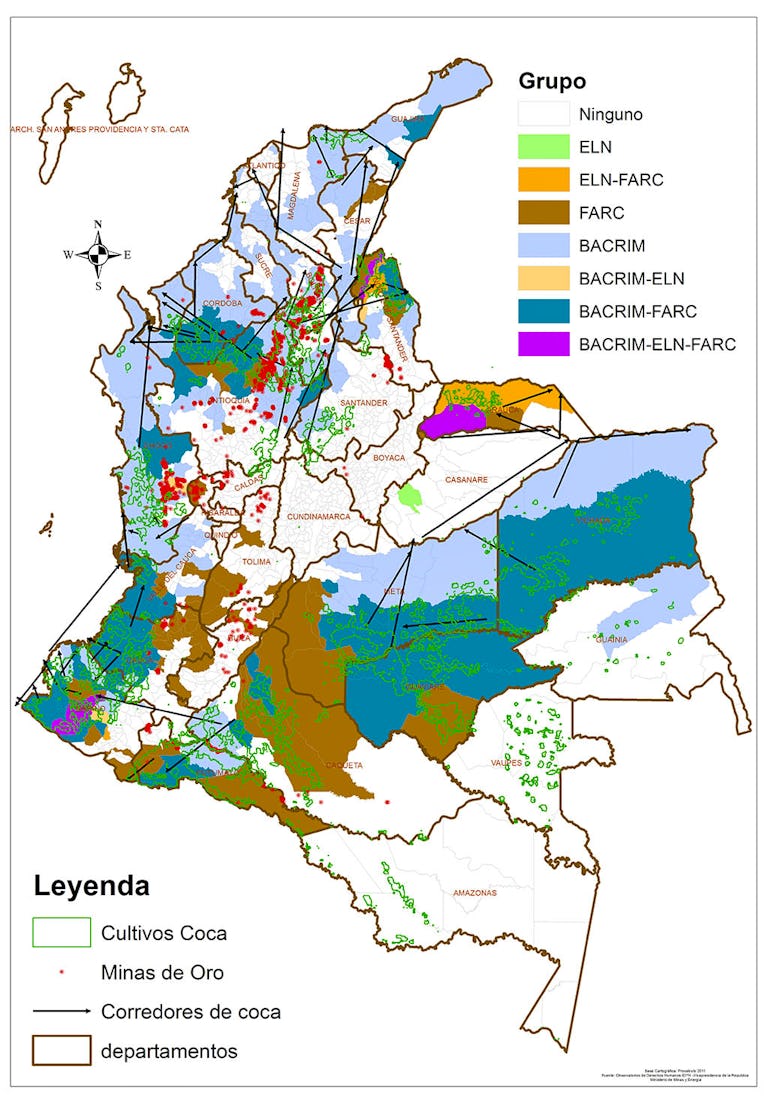 Relación entre la presencia de bandas, FARC, ELN, minas de oro y narcotráfico