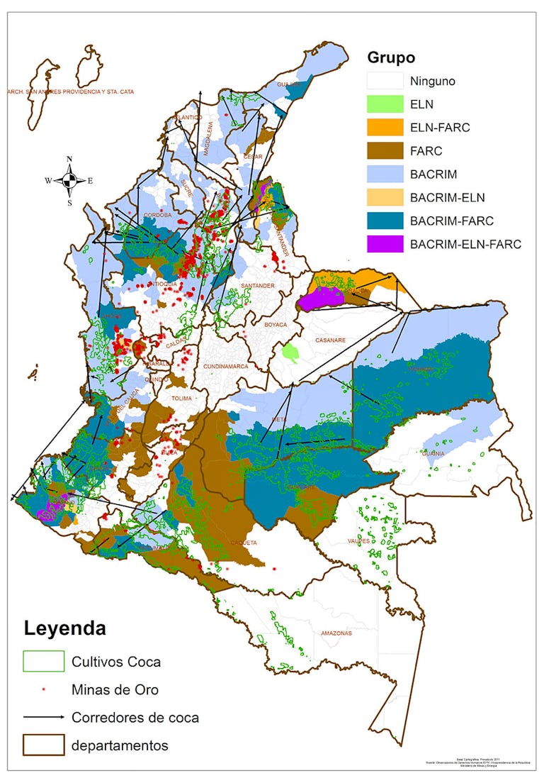 Relación entre la presencia de bandas, FARC, ELN, minas de oro y narcotráfico