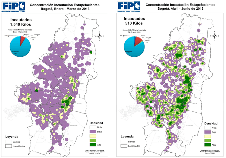 Concentración de incautación de estupefacientes en Bogotá (enero-marzo 2013 y abril-junio 2013) Fuente: Policía Nacional. Elaboró FIP