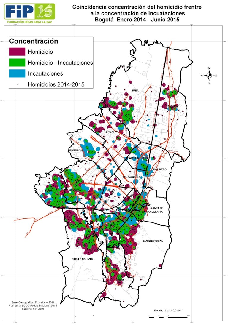 Concentración de homicidios e incautaciones en Bogotá (enero de 2014- mayo de 2015). Fuente: Policía Nacional, elaboró FIP.
