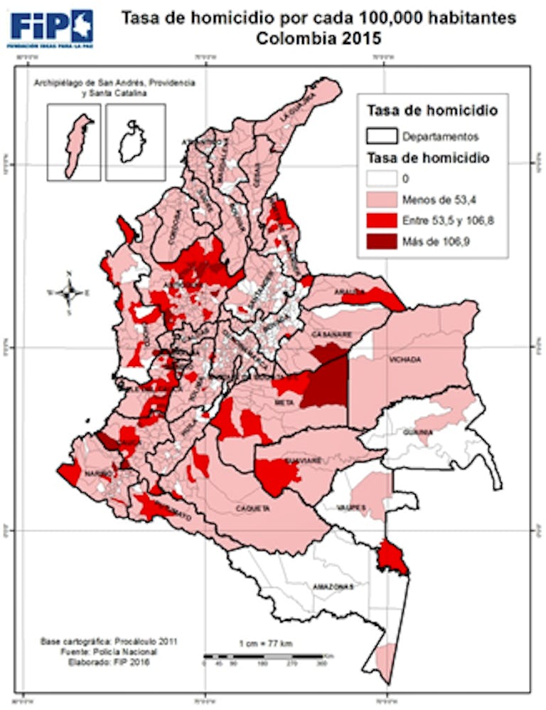 Homicidios en Colombia, 2015. Elaborado FIP con datos de Policía Nacional.