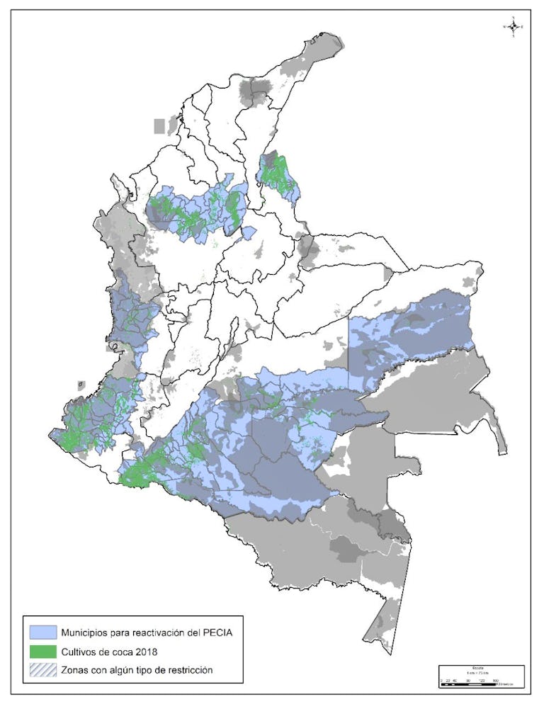 Mapa de municipios donde se reactivaría la aspersión área, contrastado con los cultivos de coca (2018) y las zonas donde se encuentran restricciones  //Fuente: Elaborado por la FIP