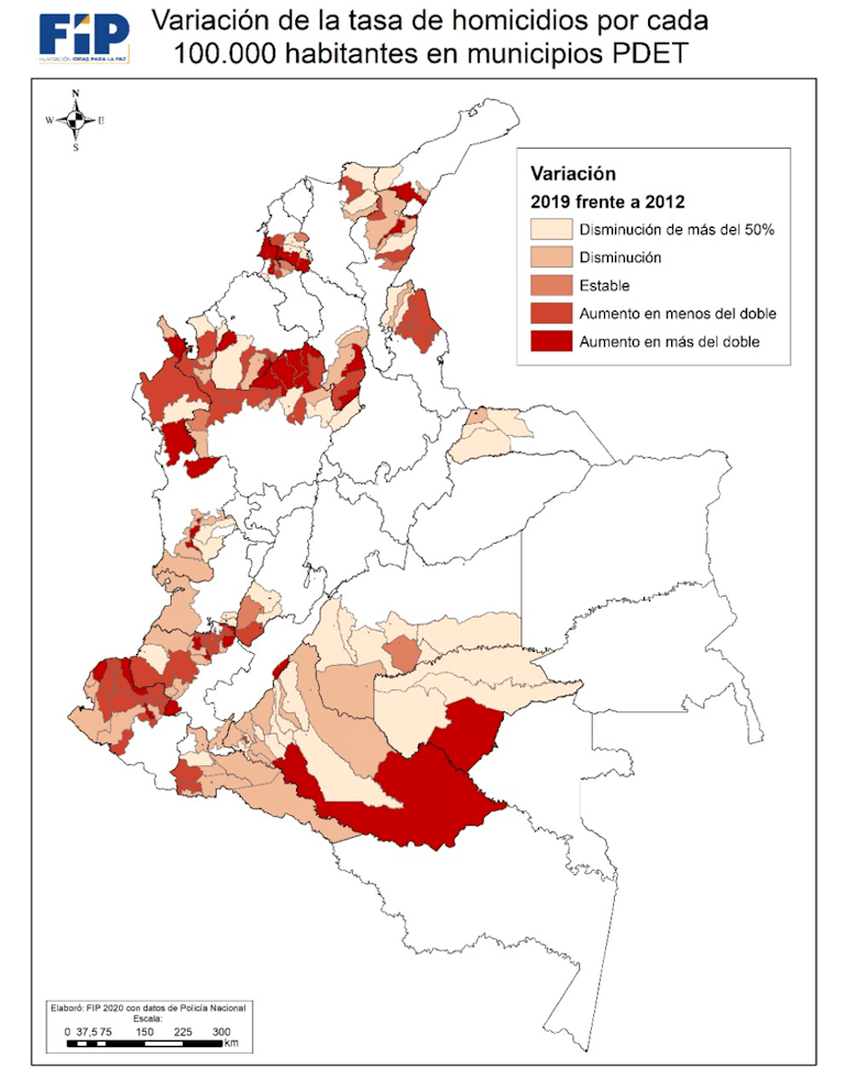 Mapa 1. Variación de la tasa de homicidios por cada 100.000 habitantes en municipios Pdet. Fuente: FIP.
